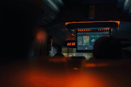 A dimly lit bus interior showcasing screens and ambient lighting during night travel.