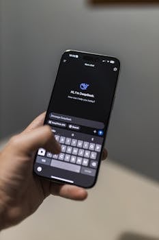 A hand holding a smartphone displaying an AI chat interface named DeepSeek, embodying modern technology.