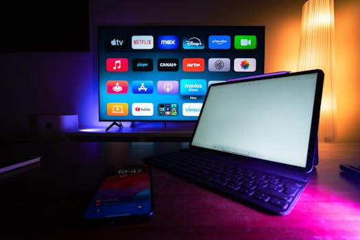 A modern home setup with a smart TV and tablet displaying various streaming apps, highlighting the digital lifestyle.