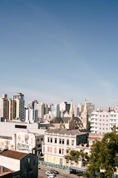 Explore Curitiba's vibrant skyline with historic and modern architecture under a clear blue sky.